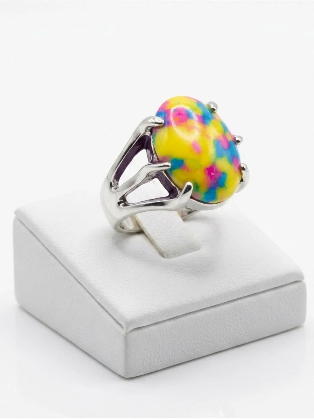 New Artisan Yellow Pink Blue Mosaic Jasper Stainless Steel Dragon Claw Ring